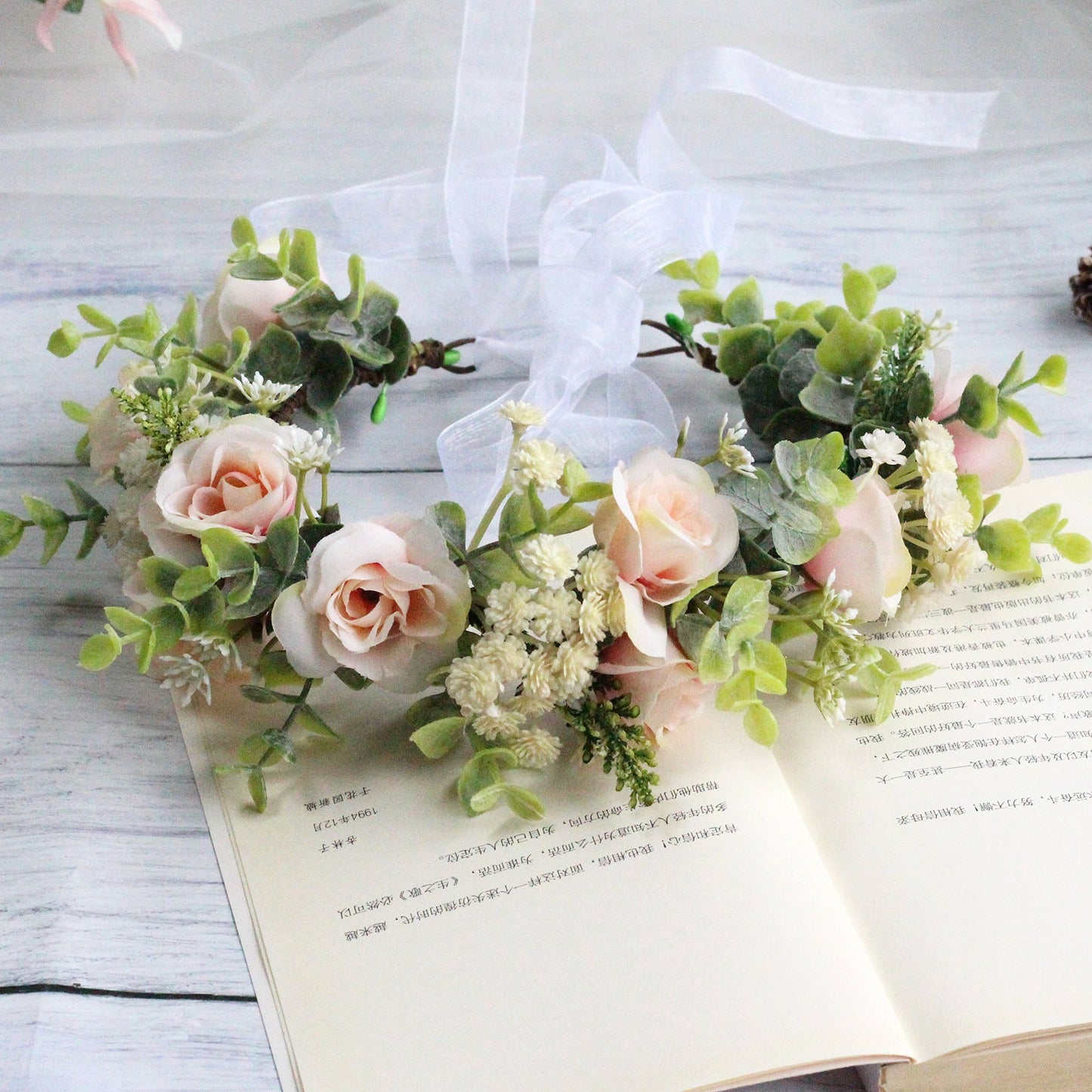 Forest style curled edge rose headband simulated starry sky flower wreath bride's wedding headpiece