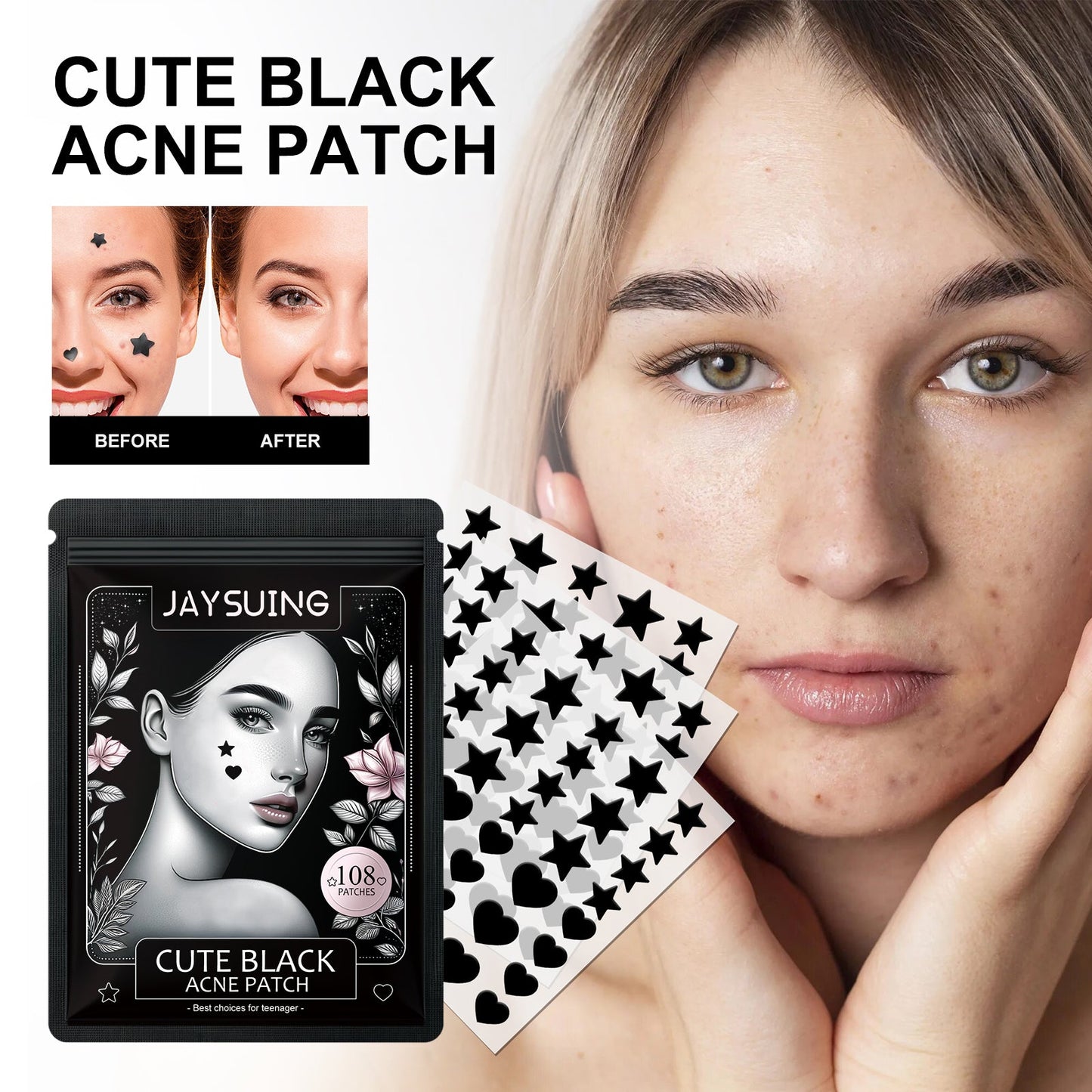 JAYSUING Cute Black Acne Patch, Facial Acne Lightening Repair Acne Closing Acne Mark Blackhead Removal