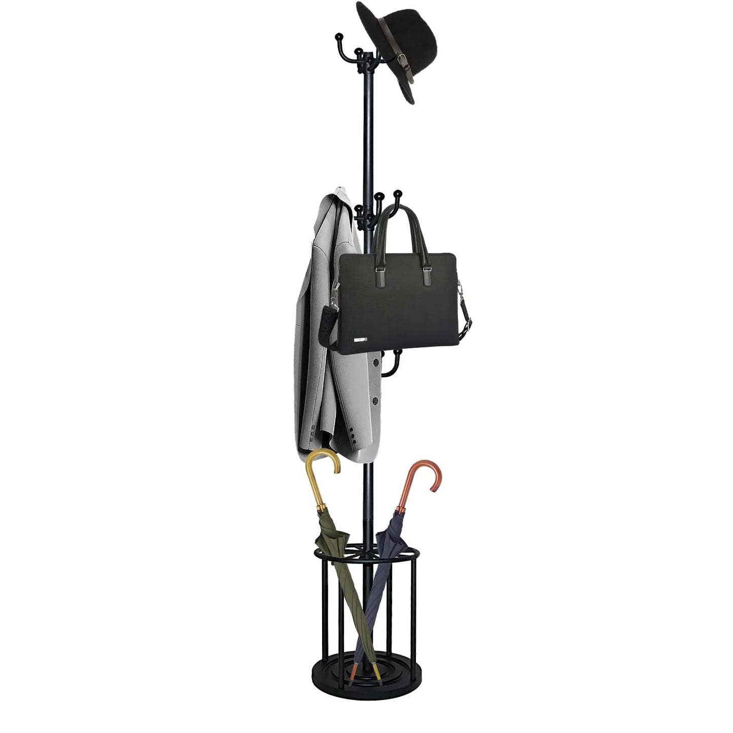 WeGXY Solid Coat Rack Freestanding Coat Rack Stand with Umbrella Holder Coat Tree Coat Hanger Stand with 12 Hooks for Clothes Bag Hats Used in Bedroom Office Living Room Entryway-Black