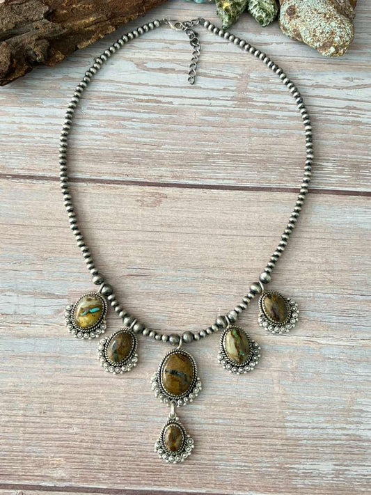 Handmade Sterling Silver Royston Ribbon Turquoise Beaded Necklace with Signed Nizhoni