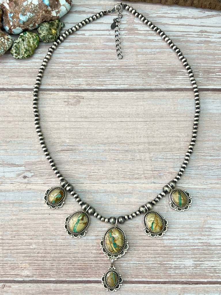 Handmade Sterling Silver Royston Ribbon Turquoise Beaded Necklace with Signed Nizhoni