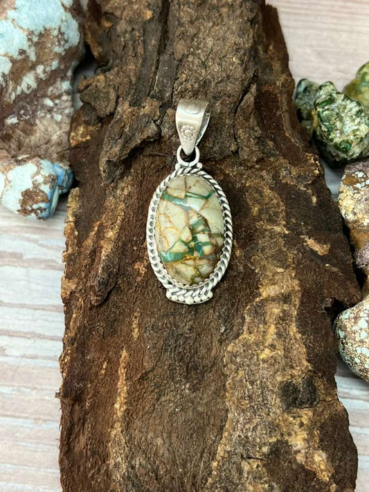 Handmade Sterling Silver Royston Ribbon Turquoise Pendant with Signed Nizhoni