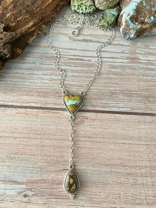 Handmade Sterling Silver Royston Ribbon Turquoise Heart Lariat Necklace Signed Nizhoni gg42