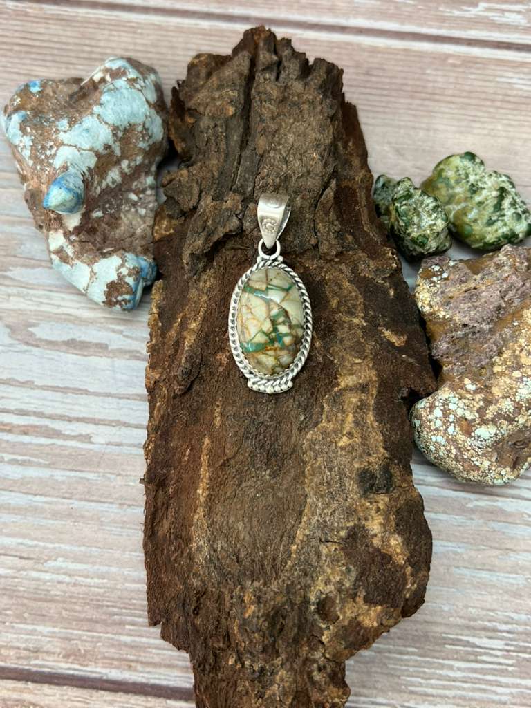 Handmade Sterling Silver Royston Ribbon Turquoise Pendant with Signed Nizhoni