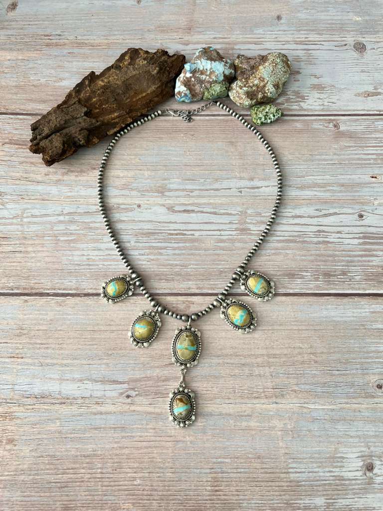 Handmade Sterling Silver Royston Ribbon Turquoise Beaded Necklace with Signed Nizhoni