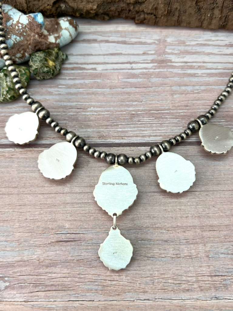 Handmade Sterling Silver Royston Ribbon Turquoise Beaded Necklace with Signed Nizhoni