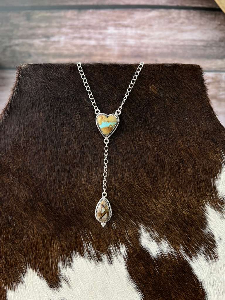 Handmade Sterling Silver Royston Ribbon Turquoise Heart Lariat Necklace Signed Nizhoni gg42