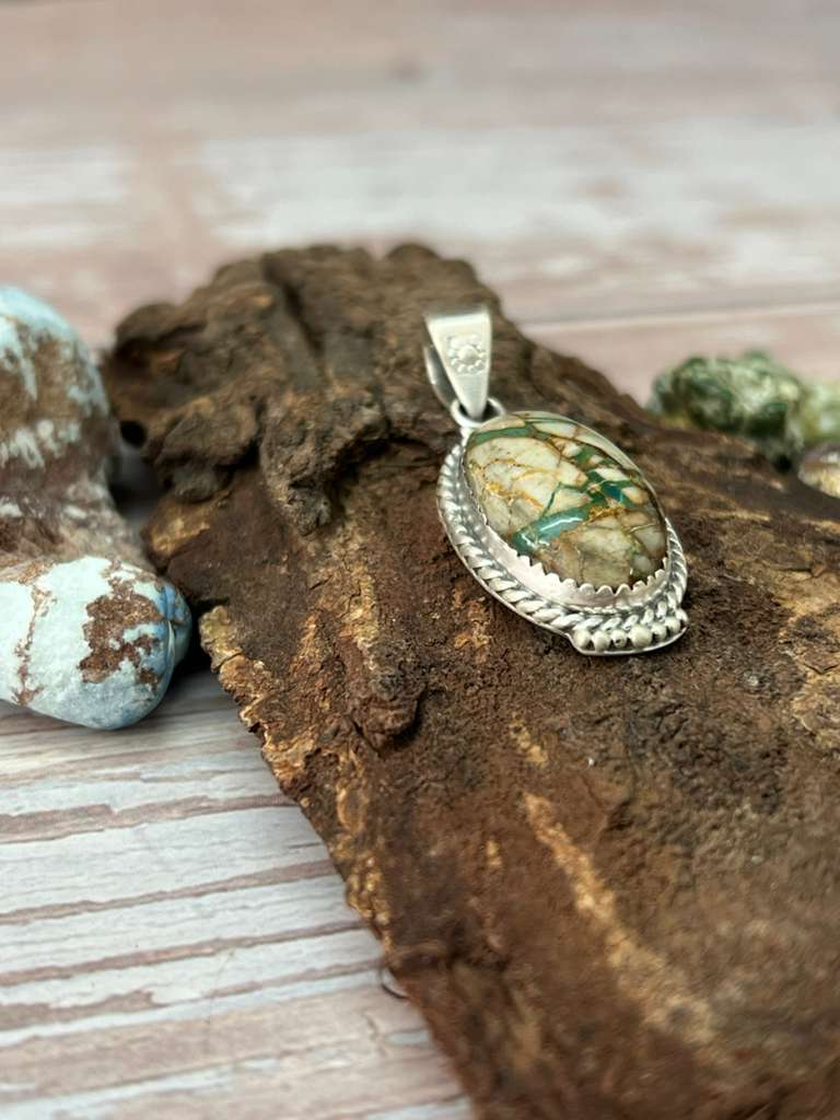 Handmade Sterling Silver Royston Ribbon Turquoise Pendant with Signed Nizhoni