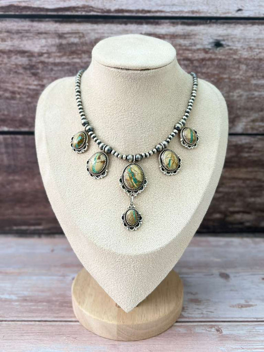 Handmade Sterling Silver Royston Ribbon Turquoise Beaded Necklace with Signed Nizhoni