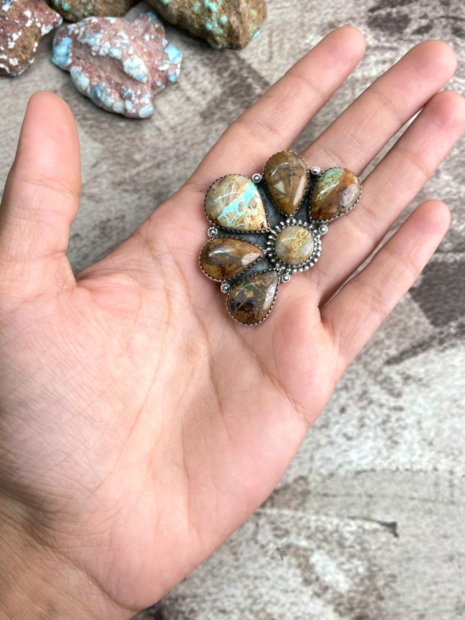 Handmade Sterling Silver Royston Ribbon Turquoise Adjustable Ring with Signed Nizhoni