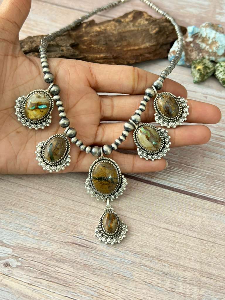 Handmade Sterling Silver Royston Ribbon Turquoise Beaded Necklace with Signed Nizhoni