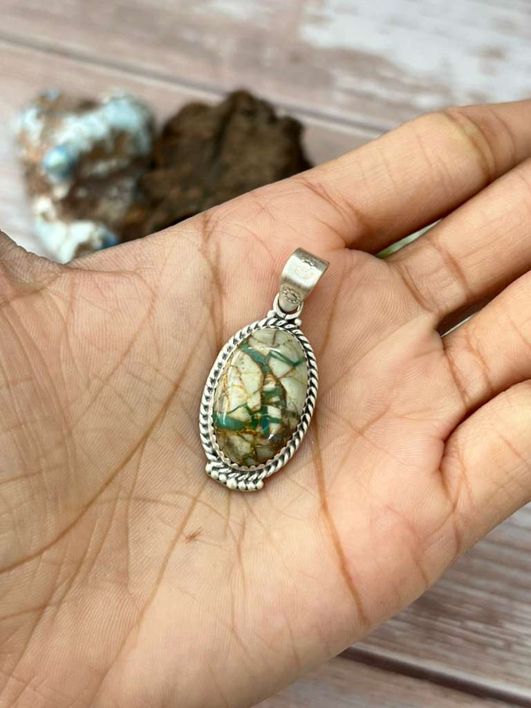 Handmade Sterling Silver Royston Ribbon Turquoise Pendant with Signed Nizhoni