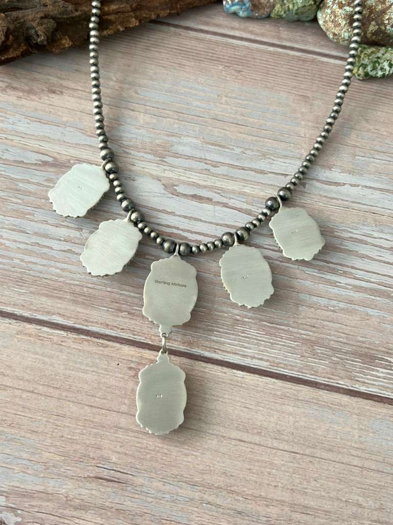 Handmade Sterling Silver Royston Ribbon Turquoise Beaded Necklace with Signed Nizhoni