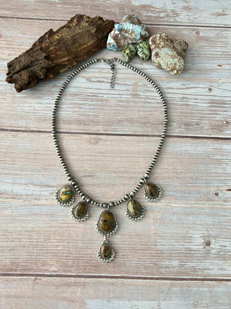 Handmade Sterling Silver Royston Ribbon Turquoise Beaded Necklace with Signed Nizhoni