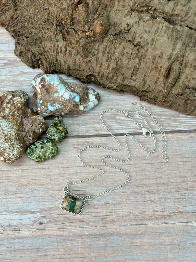 Handmade Sterling Silver Royston Ribbon Turquoise Necklace with Signed Nizhoni