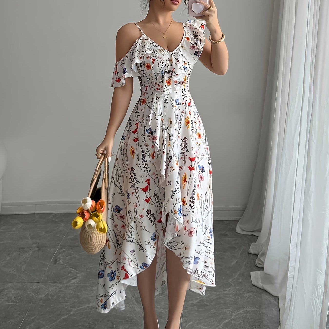 Elegant Ruffle Hem Floral V-neck Midi Dress