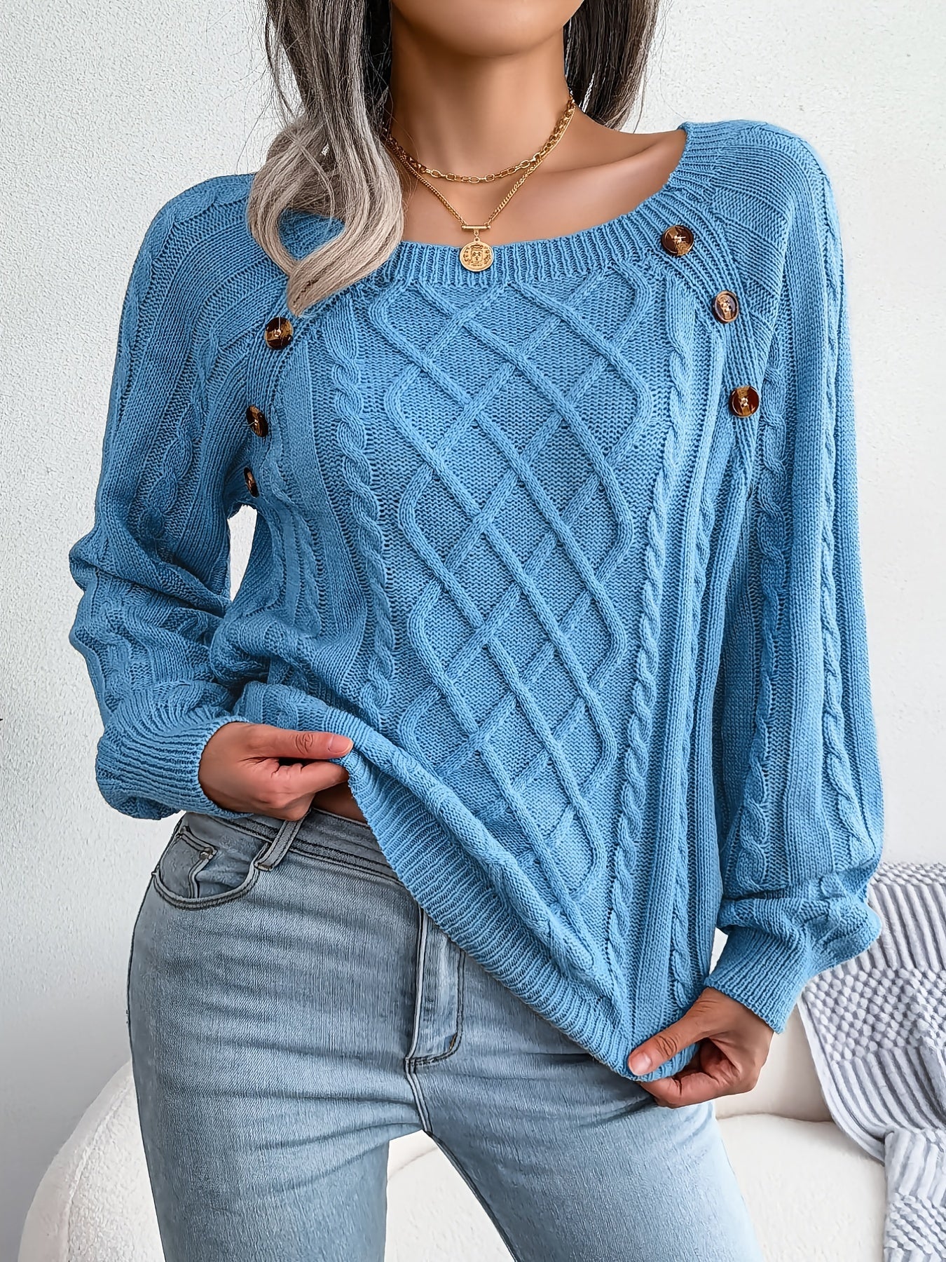 Texture Button Lantern Sleeve Sweater