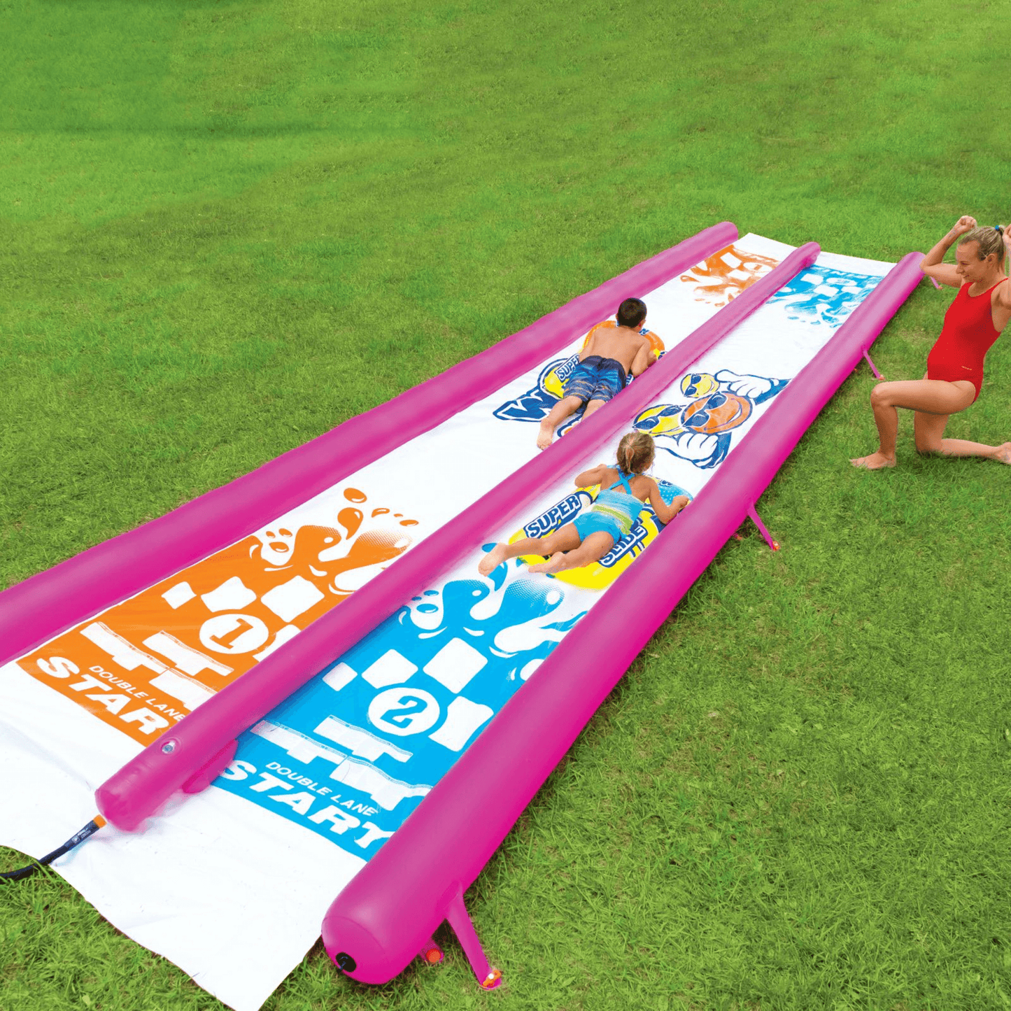 WOW Watersports Giant Backyard Double Lane Lawn Slide, Heavy Duty PVC and 2 Inflatable Sleds