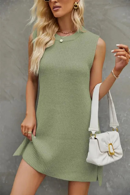 Women's Solid Color Round Neck Knit Dress with Slit