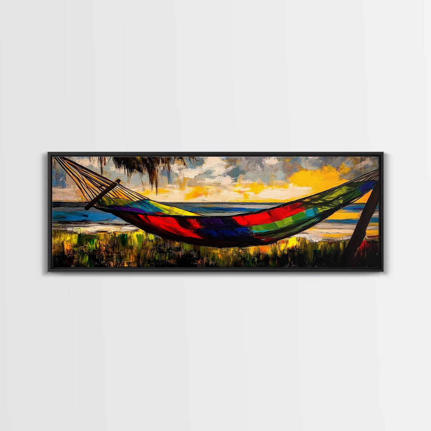 Hammock by the Beach, Tropical Sunset Painting, Relaxing Seaside Artwork, Vibrant Summer Wall Decor, Coastal Retreat, Canvas Print