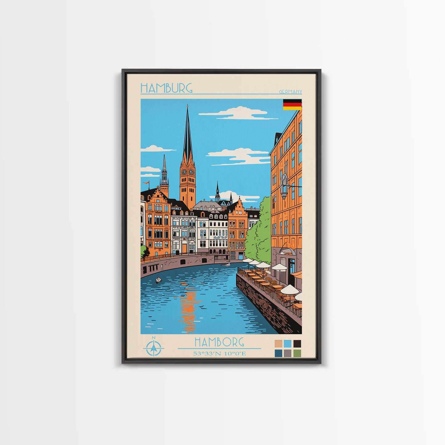 Hamburg Germany Travel Poster Framed Canvas Print, Midcentury Modern Art, Pop Art Wall Decor, Scenic Wall Art, Bedroom Decoration, Office Art