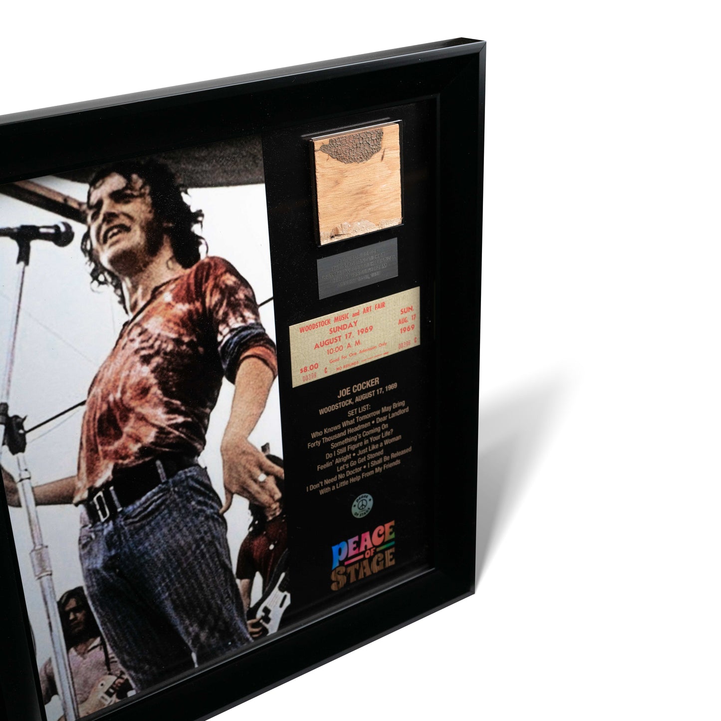 Joe Cocker Frame with Piece of 1969 Woodstock Stage and Original Ticket
