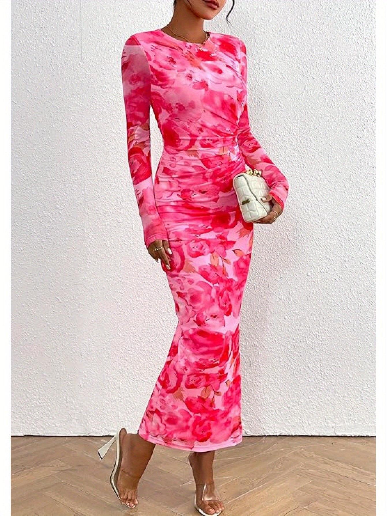 Elegant Frilly Floral Bodycon Maxi Dress