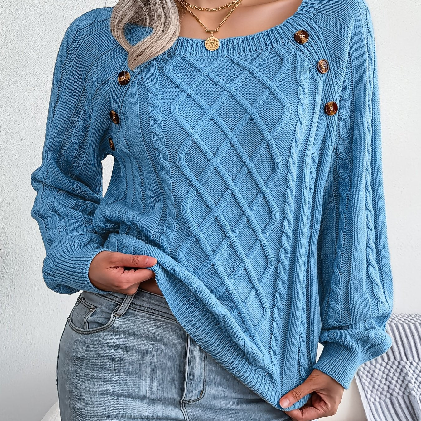 Texture Button Lantern Sleeve Sweater