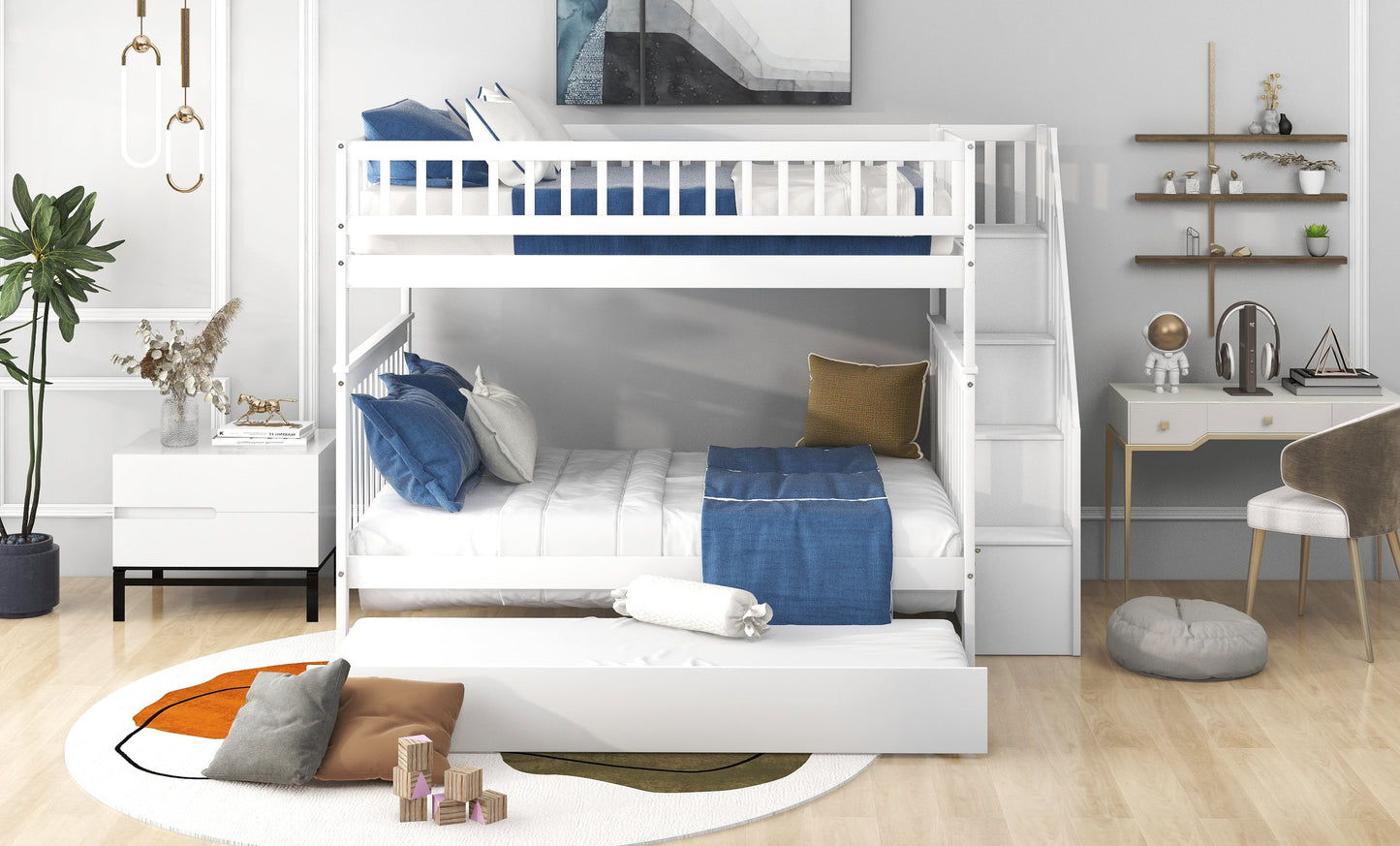 Full over Full Bunk Bed with Trundle and Staircase White