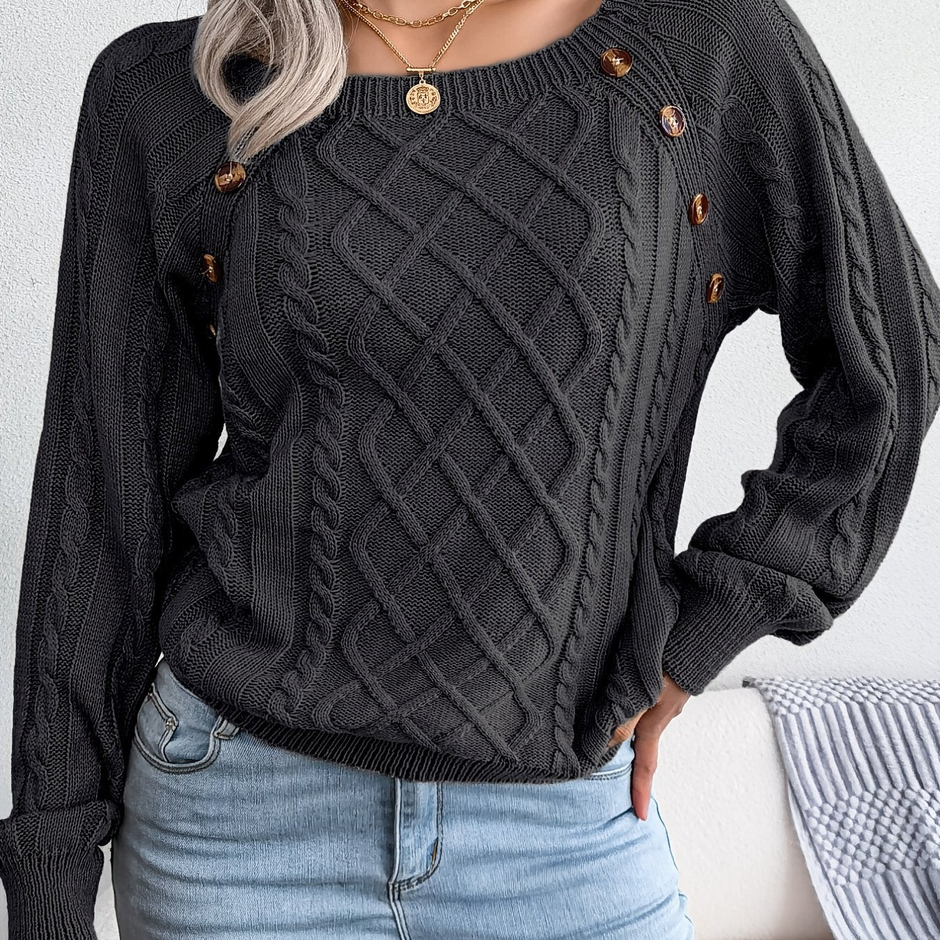 Texture Button Lantern Sleeve Sweater