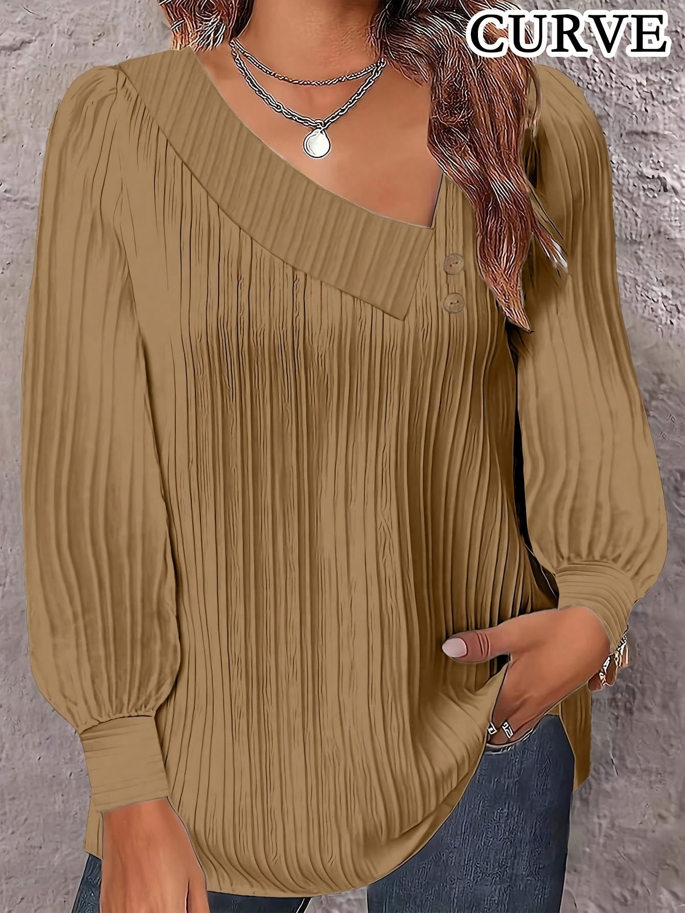 Chic Plus Size V-Neck Blouse Decorative Buttons Glossy  Top