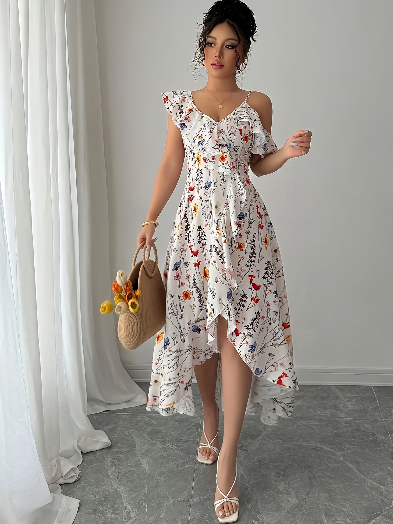 Elegant Ruffle Hem Floral V-neck Midi Dress