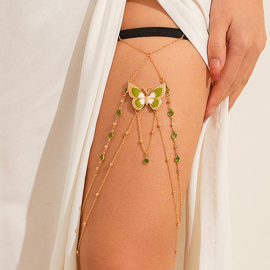 JK Pure Desire Wind Sexy Elastic Leg Chain Cross border Jewelry Green Painted Butterfly Tassel Leg Chain