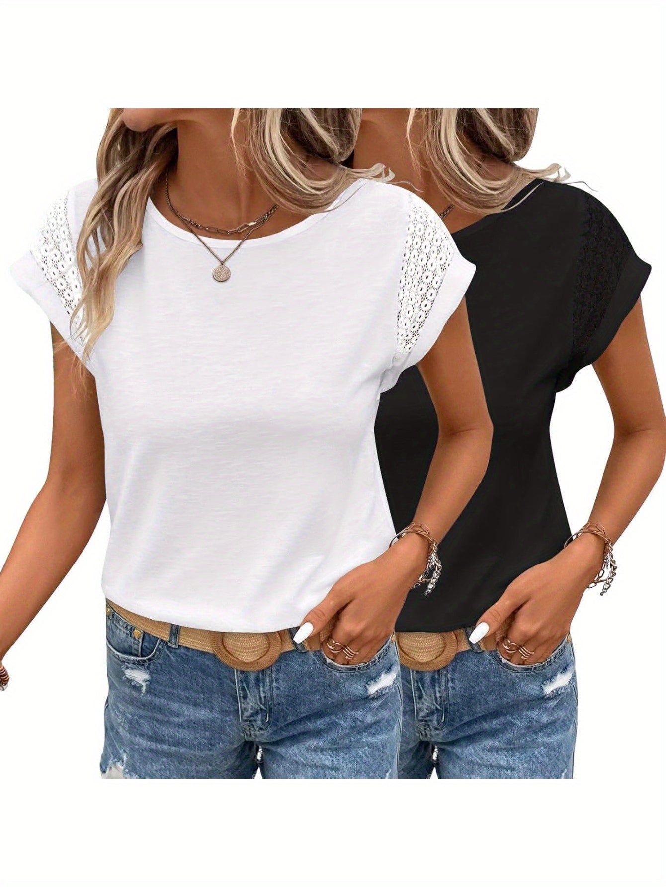 Two Pack Trendy Lace Trimmed Cap Sleeve Tops