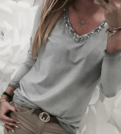 Plus Size Women's Sequin Long Sleeve V Neck T-shirt