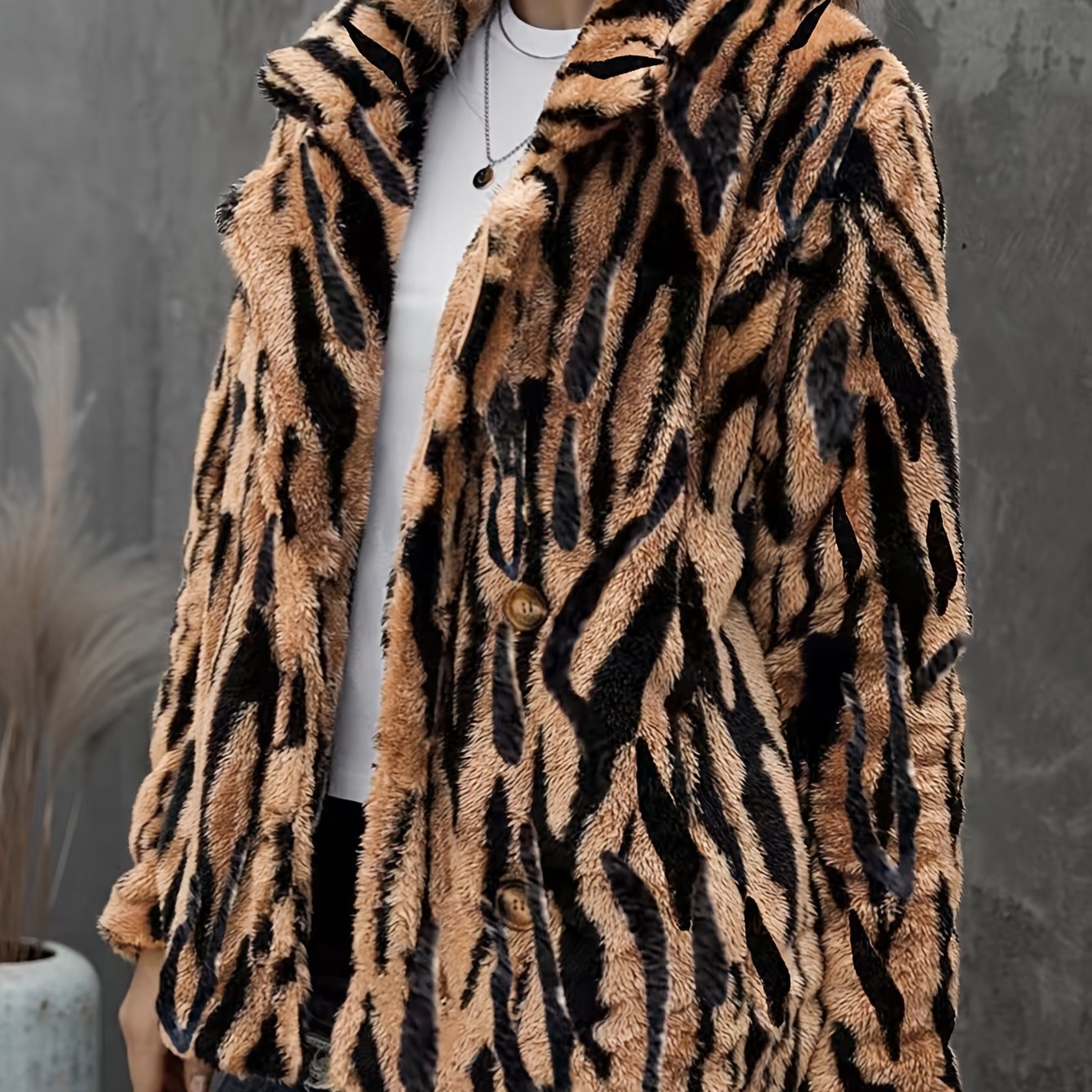 Plus Size Tiger Stripe Faux Fur Double Breasted Winter Coat