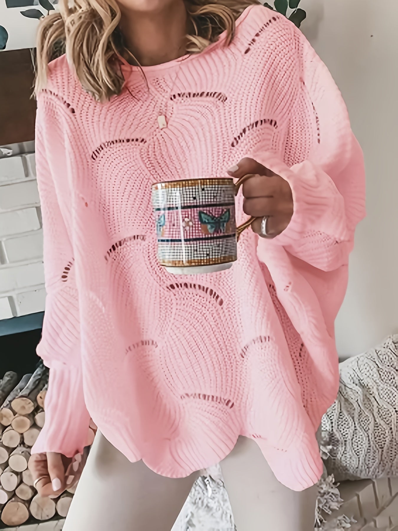 Plus Size Cozy Hollow Knit Crew Neck Sweater