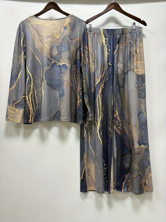 Plus Size Marble Print Long Sleeve Set