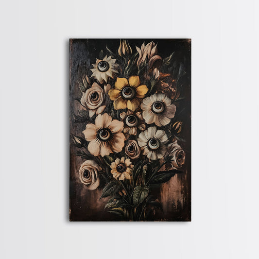 Macabre Halloween Decor, Creepy Flowers With Eyes Canvas Print, Dark Academia Wall Art, Surreal Spooky Gothic Decor, Witchy Art