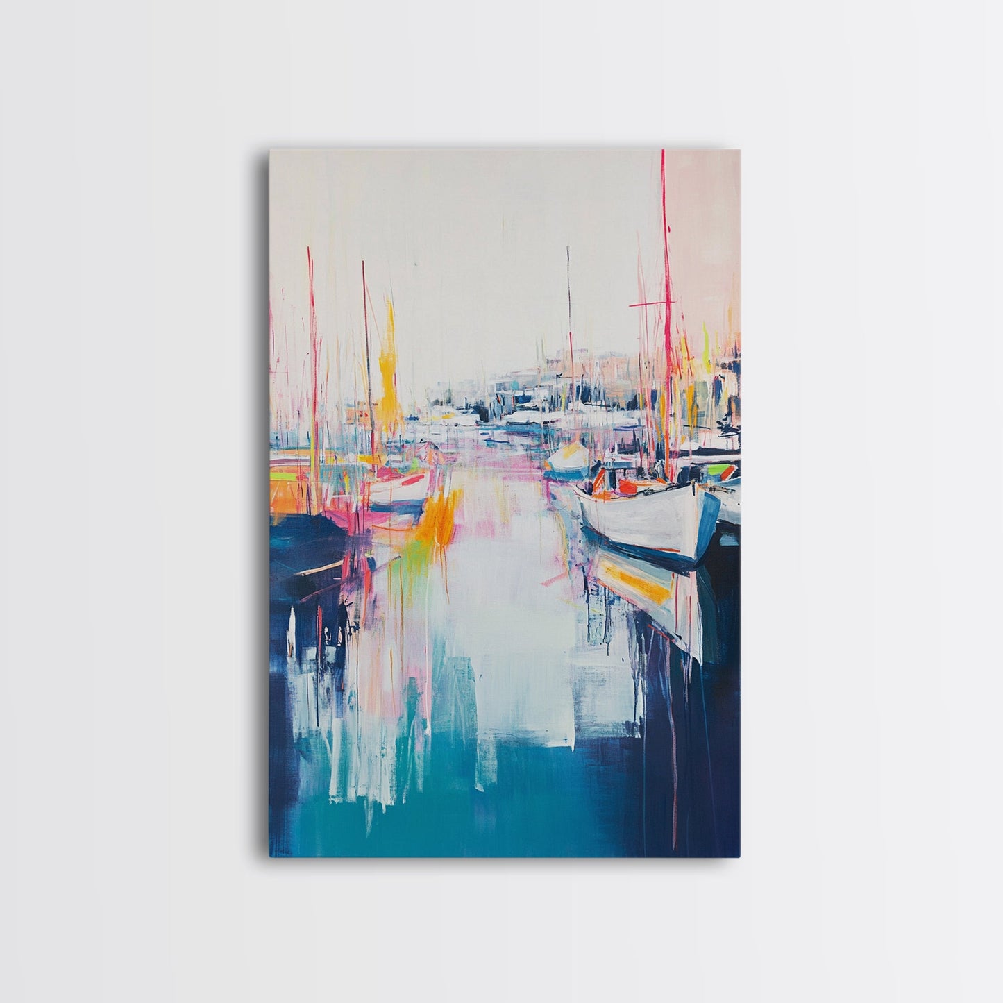 Harbor Sailboats, nautical wall art, seascape painting, coastal painting, sailboat painting, pink abstract art, Canvas Print