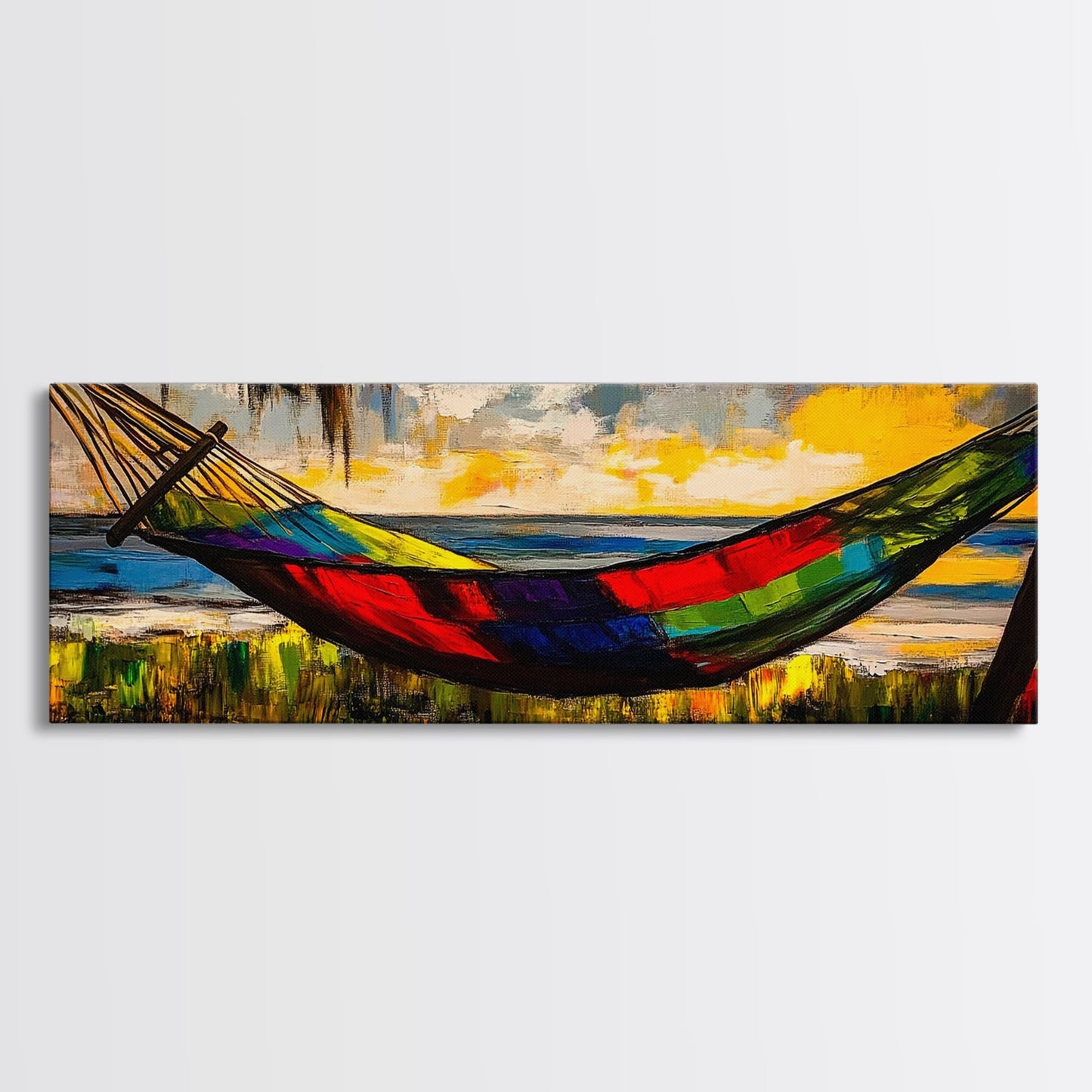 Hammock by the Beach, Tropical Sunset Painting, Relaxing Seaside Artwork, Vibrant Summer Wall Decor, Coastal Retreat, Canvas Print