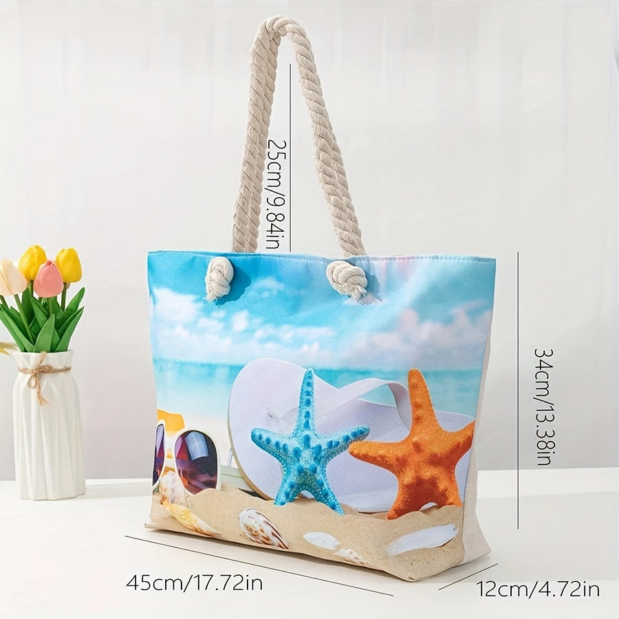 Durable Zipped Stylish Essential Vibrant Coastal Print Beach Tote Bag
