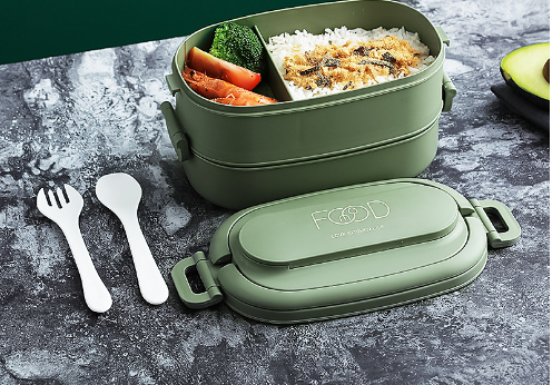 Japanese style simple portable microwaveable double layer partition lunch box bento box with cutlery