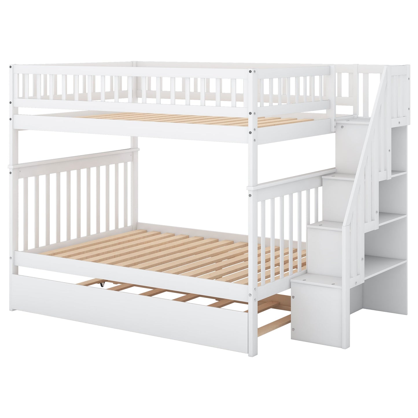 Full over Full Bunk Bed with Trundle and Staircase White