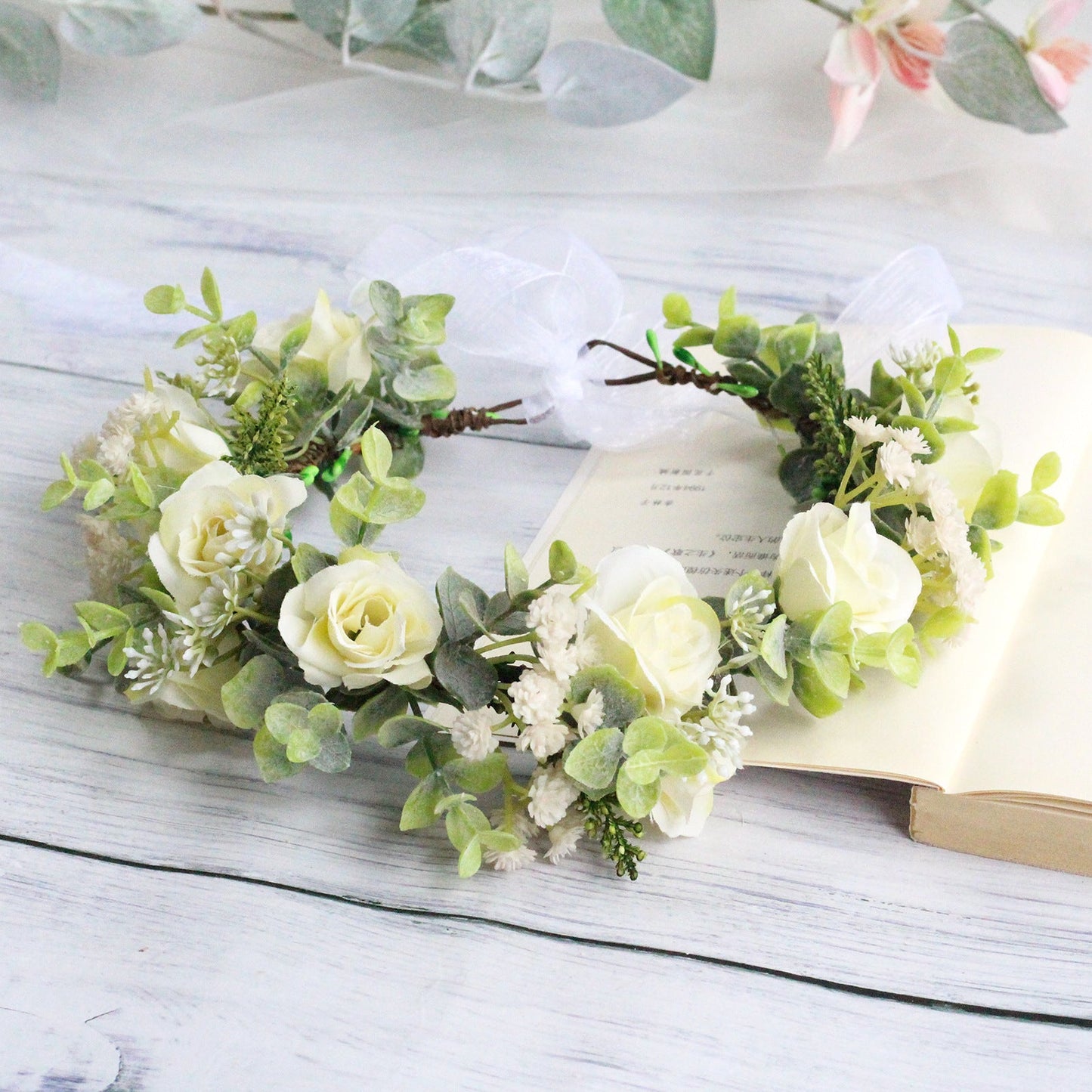 Forest style curled edge rose headband simulated starry sky flower wreath bride's wedding headpiece