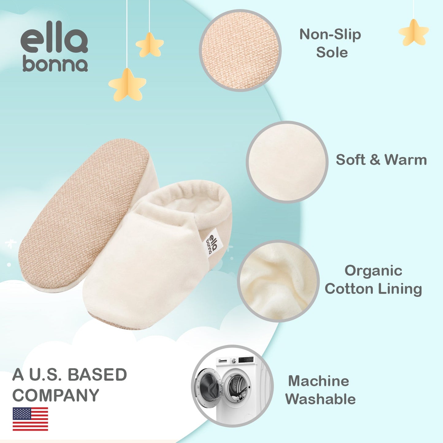 Fleece Baby House Booties, Non-Slip Sole, Organic Cotton Lining, Beige