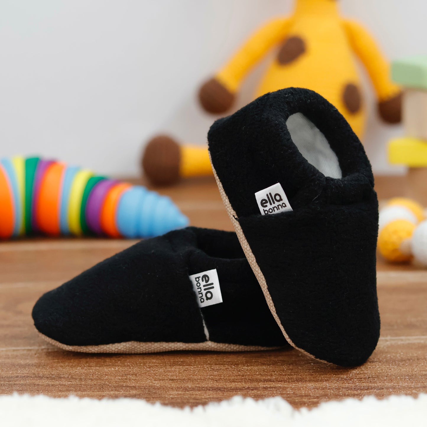 Fleece Baby House Booties, Non-Slip Sole, Organic Cotton Lining, Black