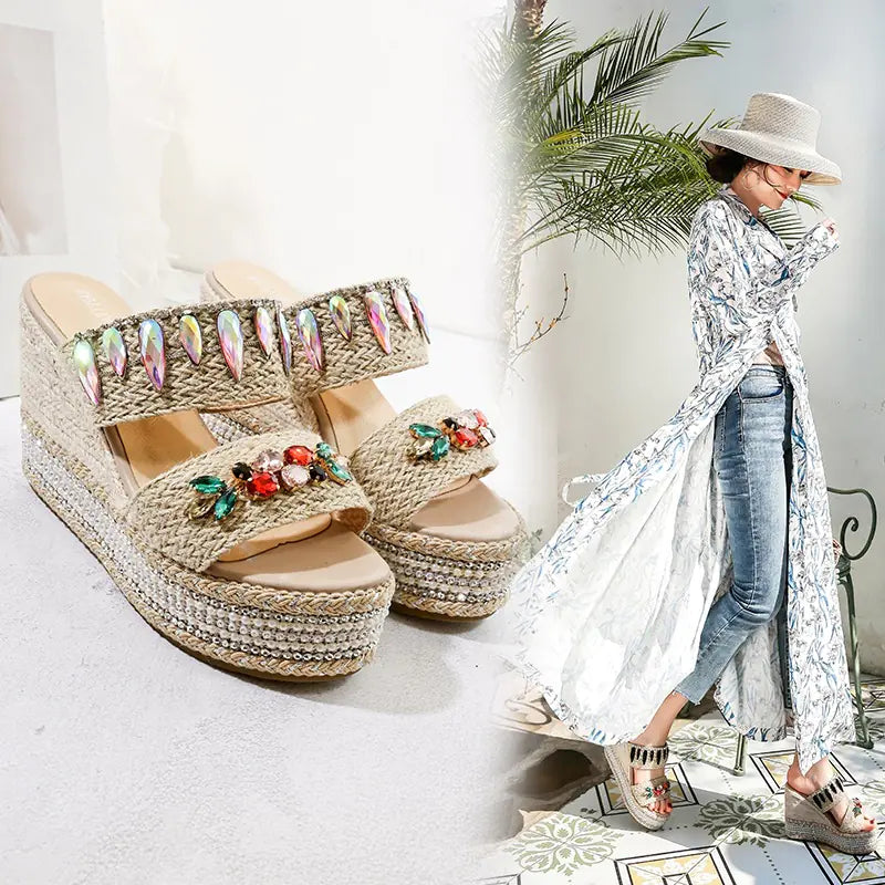 Diamond Platform Wedge Heel Sandals and Slippers
