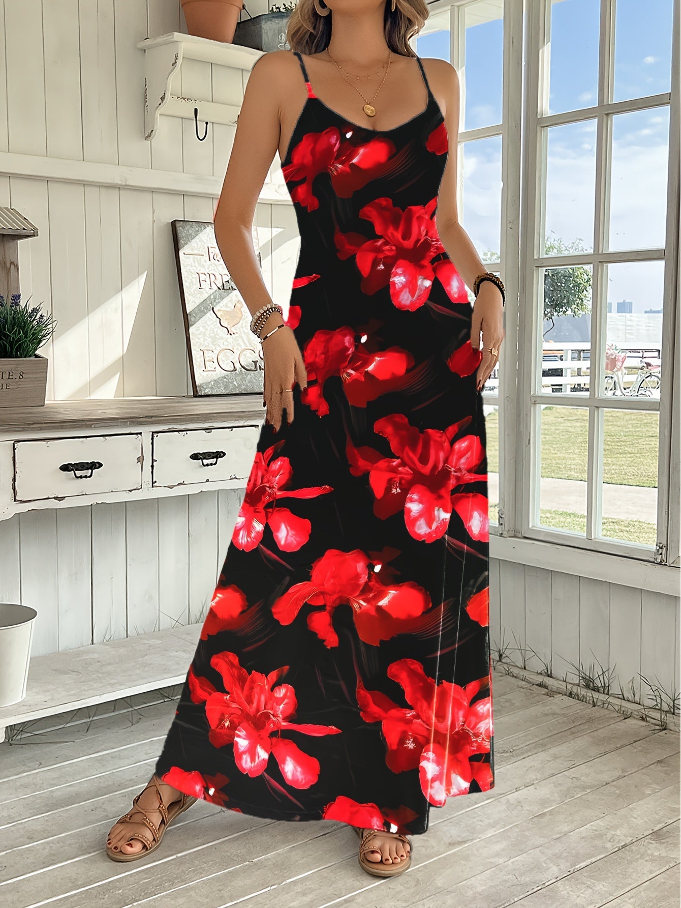 Chic Strappy Floral Print Maxi Dress