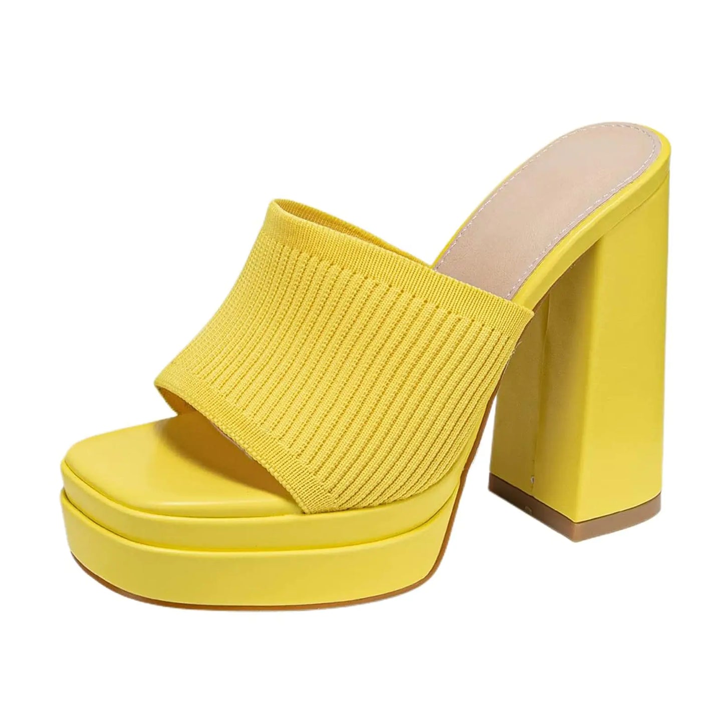 Womens Stretch Knitted Platform Chunky Heels Sexy Sandals Fashion Square Open Toe Block High Heeled Slip-On Y2K Slippers Summer Comfortable Slip On Party Dress Pump Mules Shoes (Yellow8)